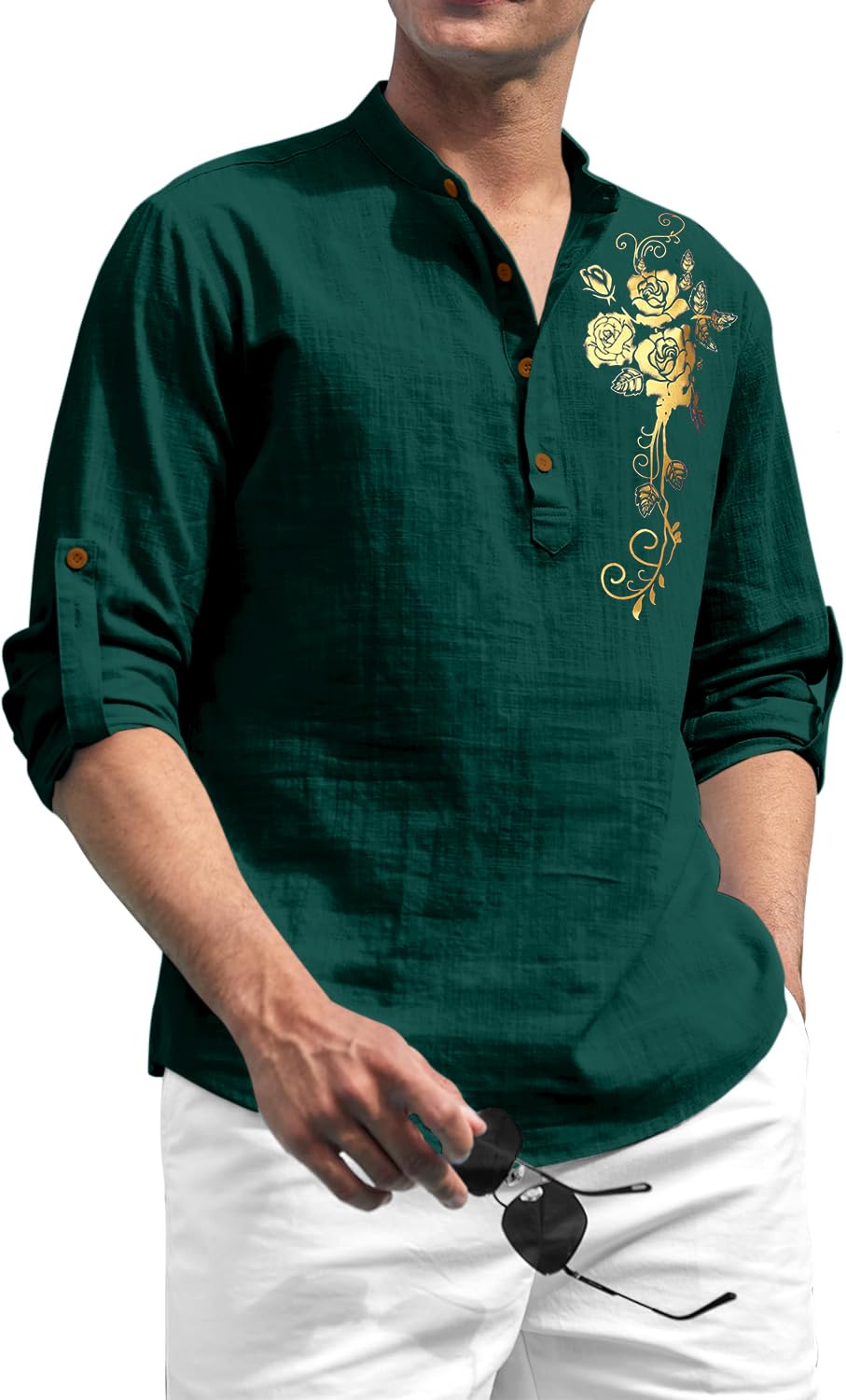 zombom Men's Cotton Polyester Blend Mandarin Collar Self One Design Printed Full Sleeve Casual Short Kurta Shirt-picture-32