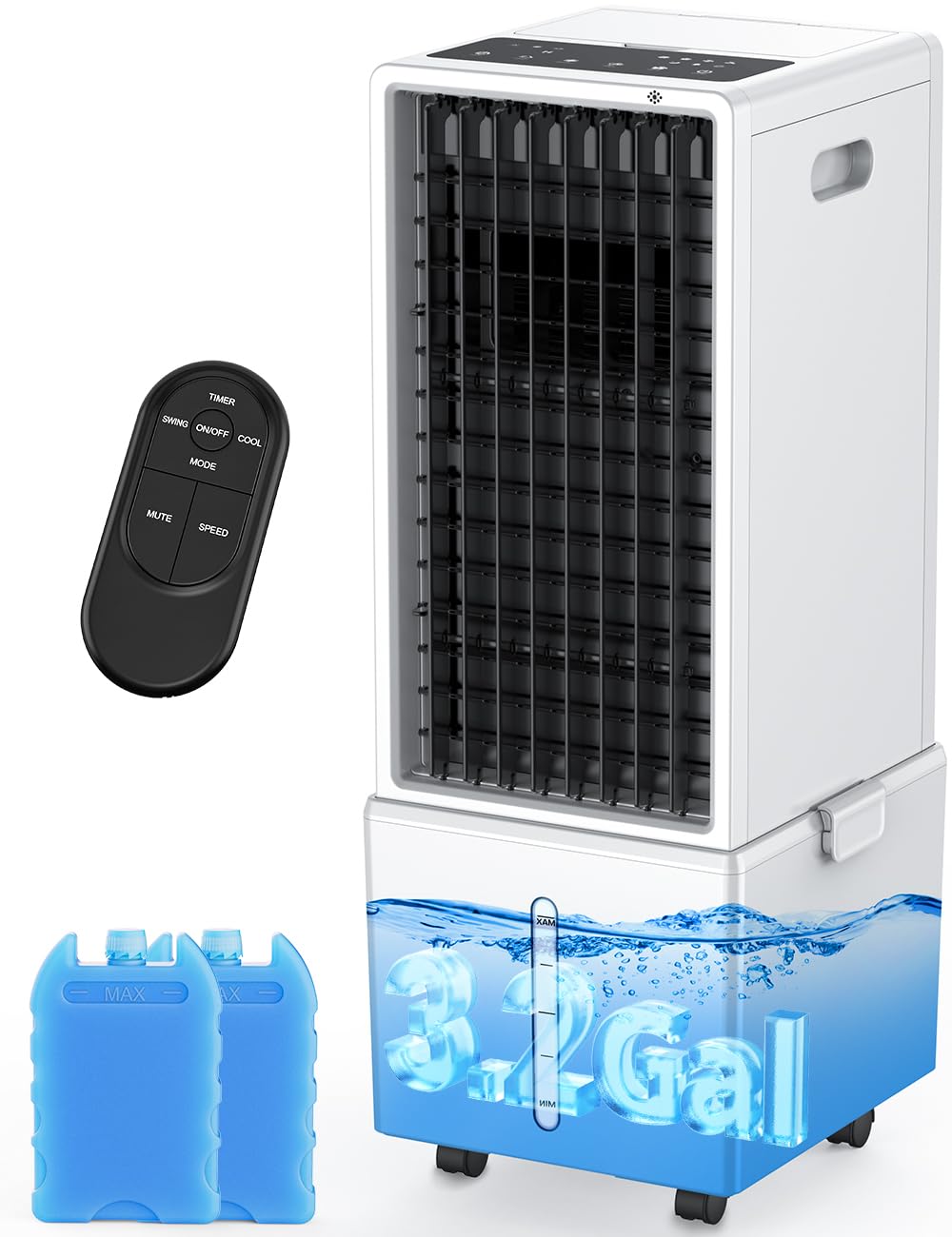 4-IN-1 Portable Air Conditioners w/3.2-Gal Tank for 24H Cooling, 4 Powerful Wind Speeds & 4 Modes, LED Touch Screen, Waterless Alert System & 12H Timer, Remote, Evaporative Air Cooler for Home