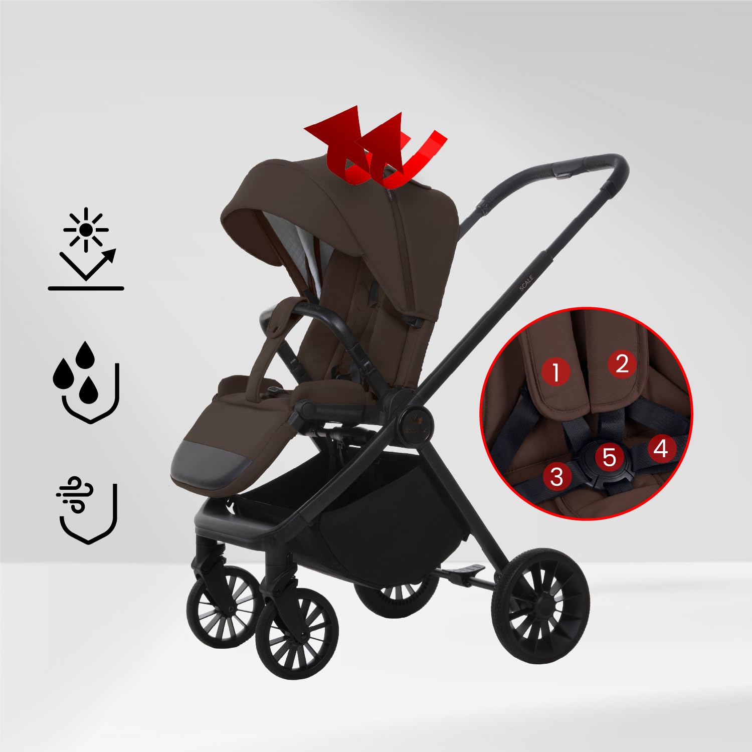 Babylux Passeggino Leggero da Viaggio SCALE, Funzione Reclinabile, Brownie | Passeggino Pieghevole, Manubrio Telescopico, Ripiegabile In Modo Compatto, Borsa Per Pannolini E Viaggio E Altri Accessori