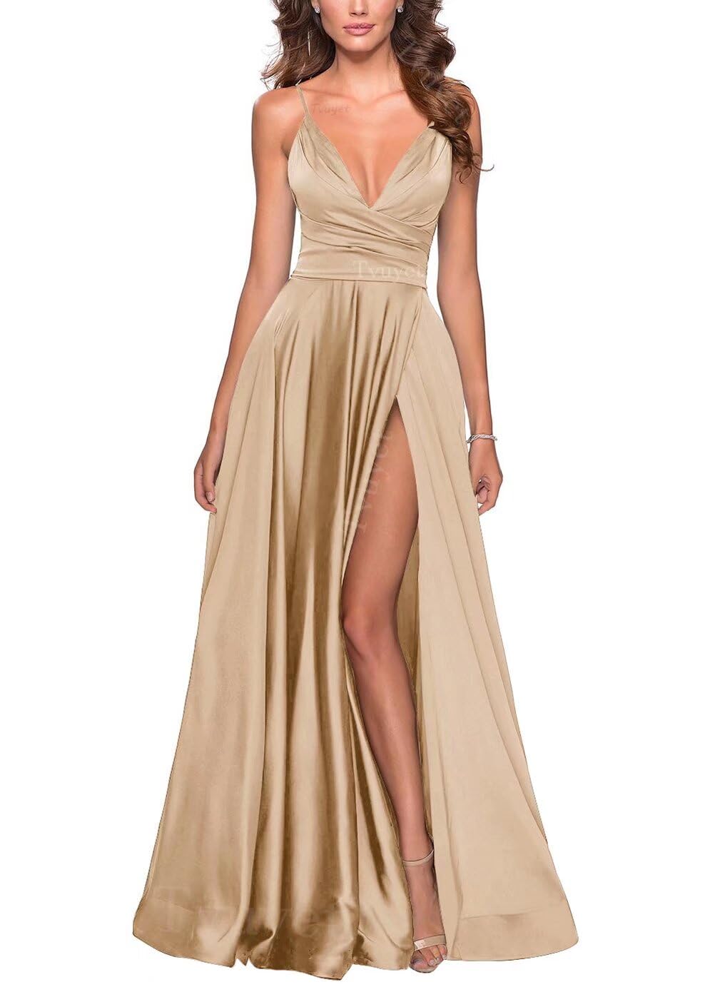 Tvuyet Satin Bridesmaid Dresses with Slit Pleated A Line Spaghetti Straps