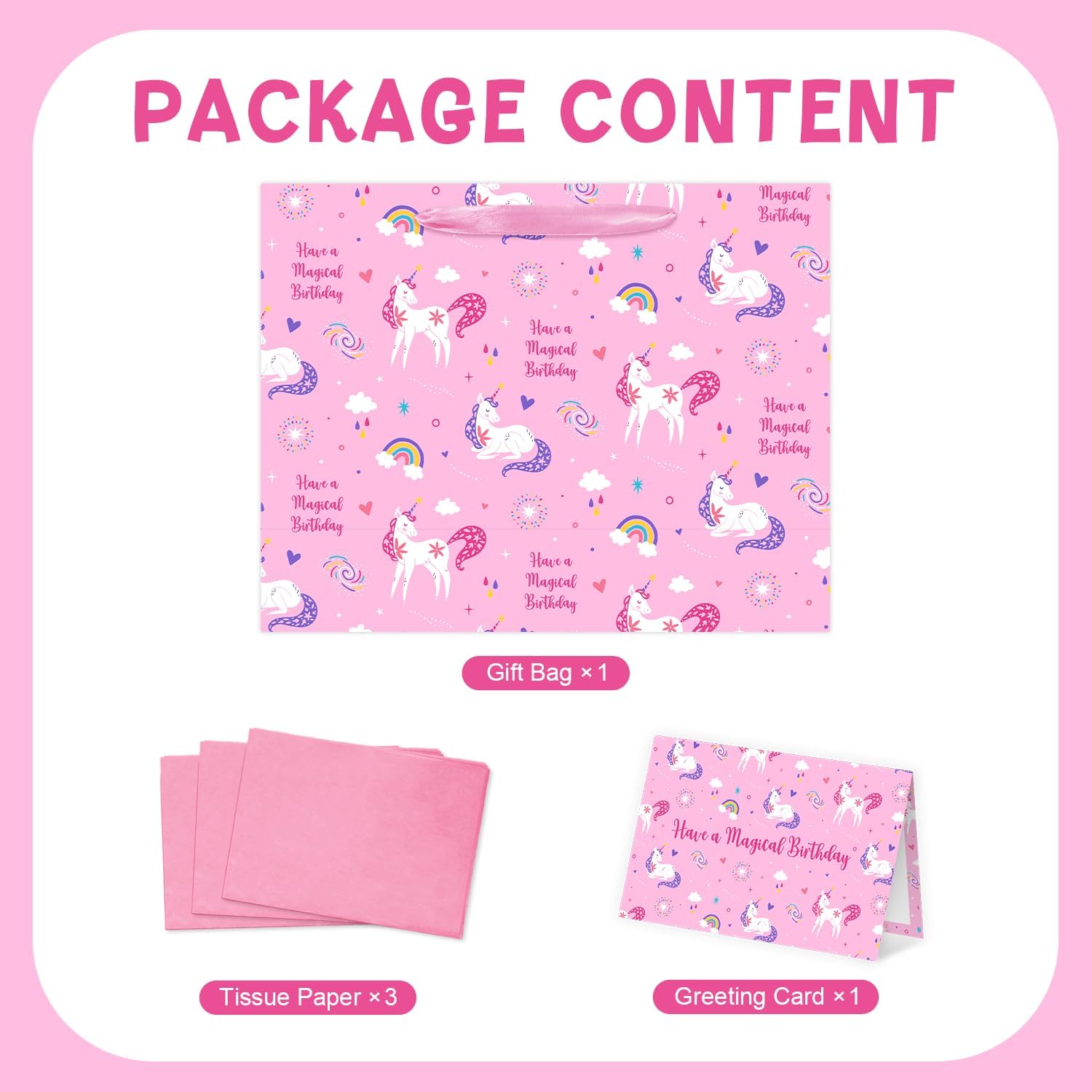 Reyoust 13" Large Magical Pink Unicorn Happy Birthday Gift Bag Set With Tissue Paper and Greeting Card Rainbow and Clouds Birthday Party Decorations for Girls Kids 13" L x 10.2" H x 4.9" D