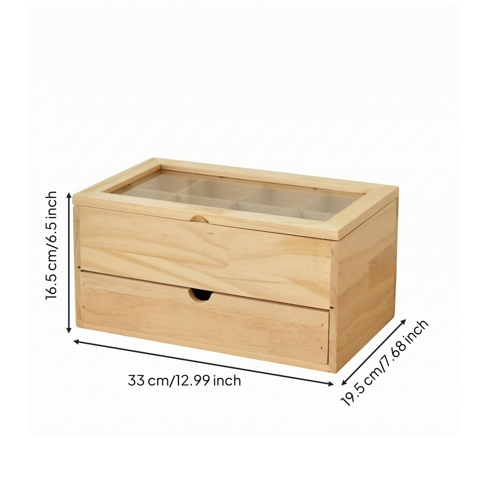 Colcolo Boîte de Rangement Thé en Bois Organiseur à Pochettes Coffret à Thé Boîte avec Tiroir Couvercle Transparent Bois Massif à Grain Apparent Rangement, Bois Clair