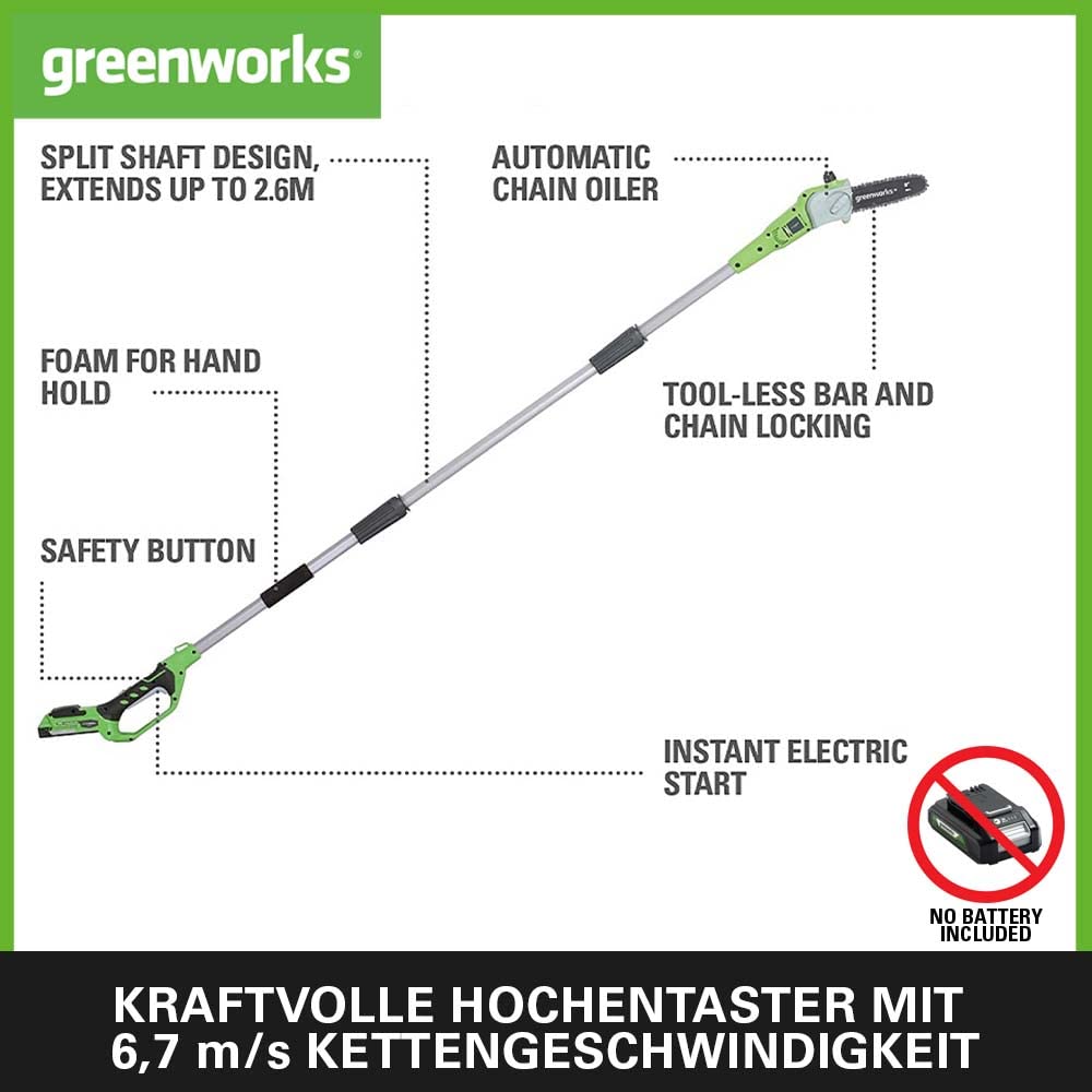 Greenworks G24PS20 Akku Hochentaster,20 cm Schenkellänge, 6,7 m/s Kettengeschwindigkeit, 3,2 kg, automatisches Öl-System, 50ml Öltank, 2,6m Stangenreichweite OHNE 24V Akku & Ladegerät,3 Jahre Garantie