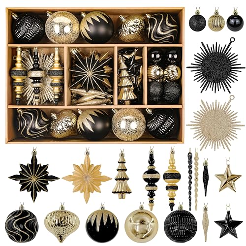 Alupssuc 80pcs Christmas Balls Ornaments Set, Shatterproof Plastic Baubles Christmas Pendant for Xmas Tree, Holiday Wedding Party Decoration with Lanyards Included, Black and Gold