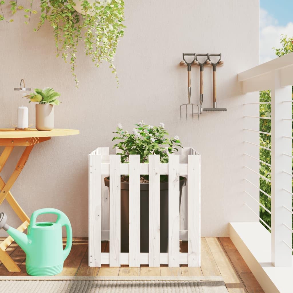 Pflanzkübel Lattenzaun-Design 60x60x60 cm aus Massivholz Kiefer WeiÃŸ mit viel Platz für Kräuter und Blumen Modernes Gartenregal für Terrasse Balkon und Hofgarten
