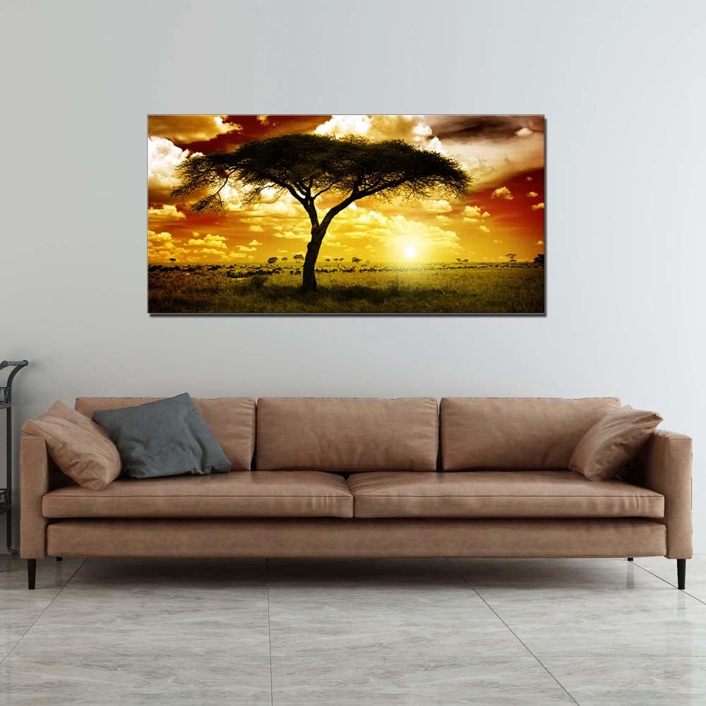 African Tree Sunset Landscape Bedroom Wall Art Large Artwork Panoramic Natural Animals Picture for Living Room Wall Decor Framed Canvas Print Kitchen Home Décor Direct Hang 24x48inch