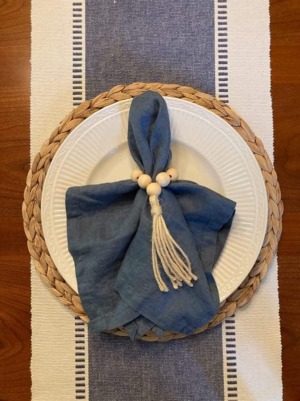 BEEKAY Dobby Strip Woven Natural Cotton 13 Inch X 72 Inch Table Runner These Farmhouse Style Boho Handmade with Tassel Table Runner for Dining Table Holiday Party, Dresser Decorations - French Blue by BEEKAY - Used condition - Image 5