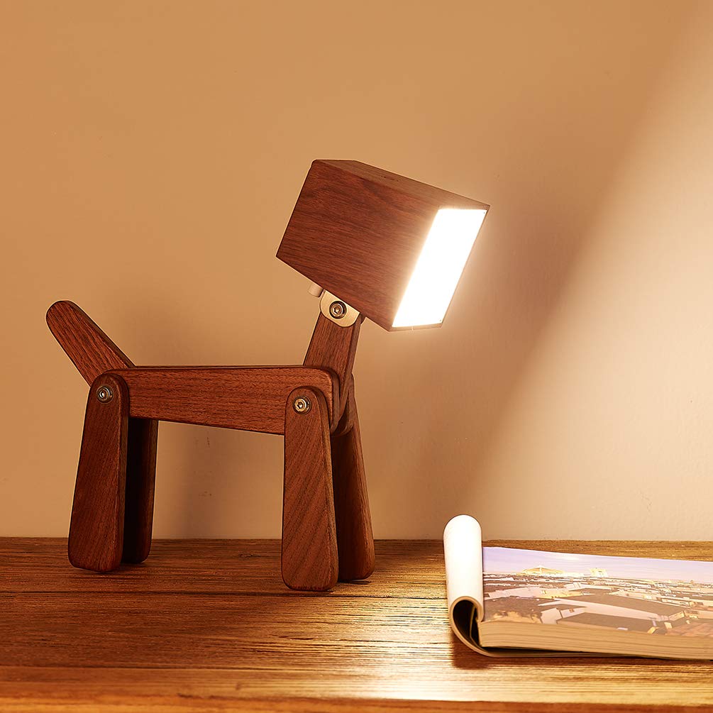 HROOME Fun Unique Dog Table Lamp Touch Sensor Wood Dimmable Bedside Desk Warm White Reading Light Gift for Kids Boys Girls Living Room bedrooms (Medium-Walnut Color)