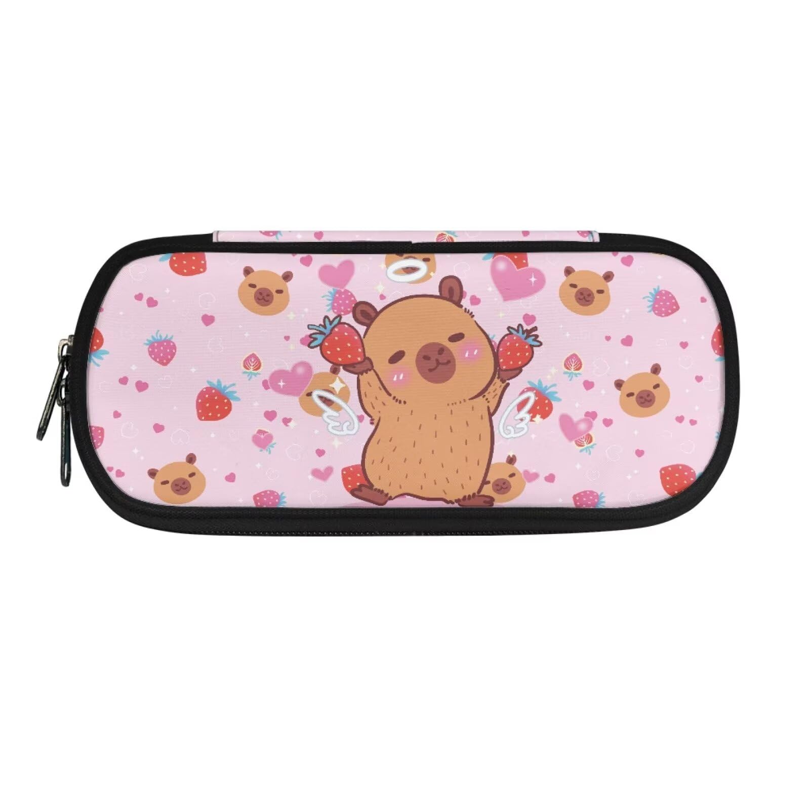 HUGS IDEA Angel Strawberry Capybara Zipper Pencil Case for Boys and Girls, Big Capacity Pencil Case Zipper Pen Case Office Desk Stationery Organizer School Supplies