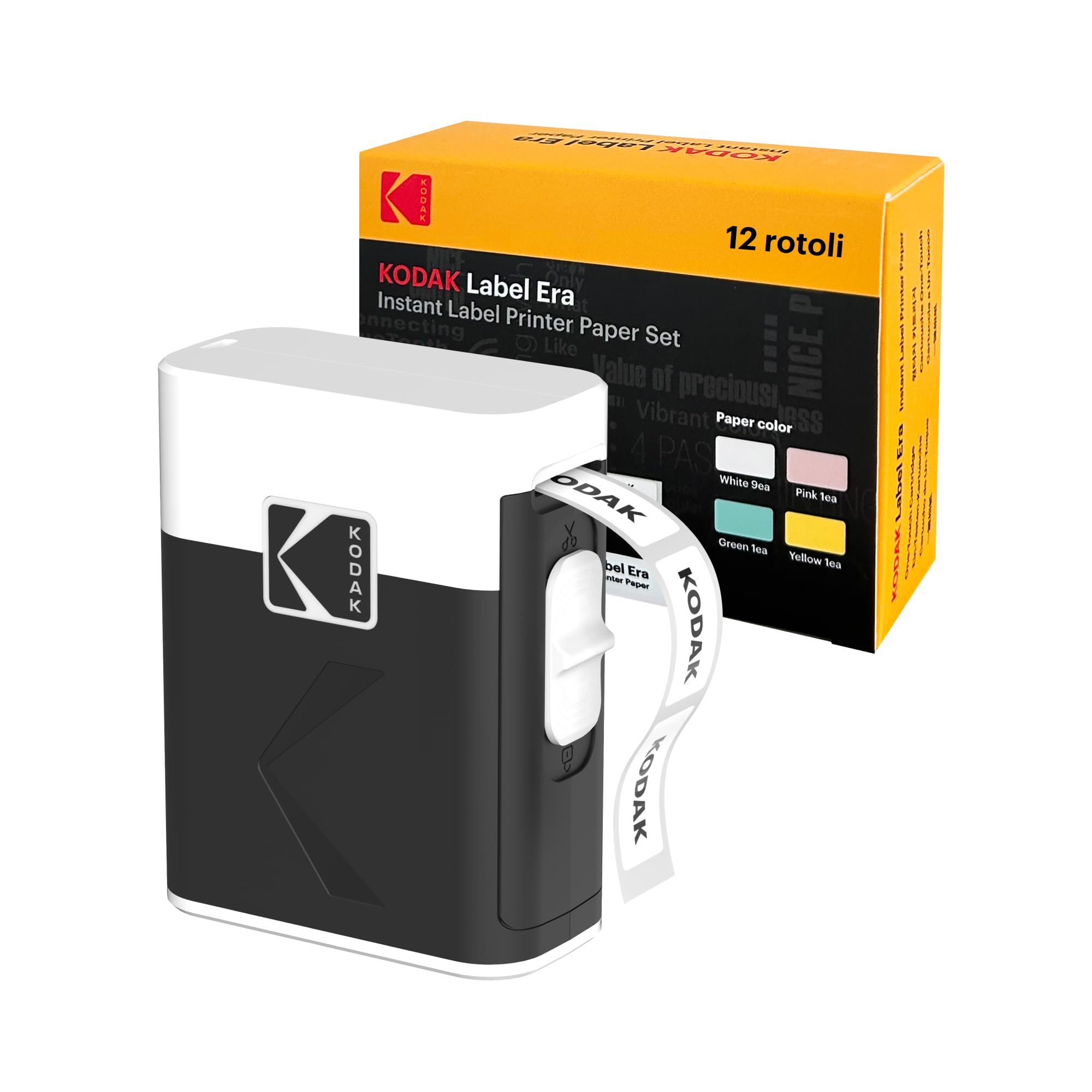 KODAK Label Era M50 Label Maker Machine Bundle, bianco (stampante con 1 rotolo adesivo Label + 12 rotoli, bianco 9 rotoli, rosa/verde/giallo 1 rotolo ciascuno)