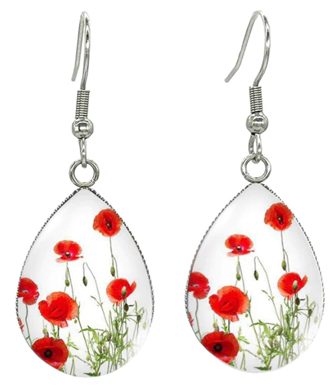 EarringTear Drop Hook Earrings Art Poppies Glass Dome Cabochon Earrings Jewelry