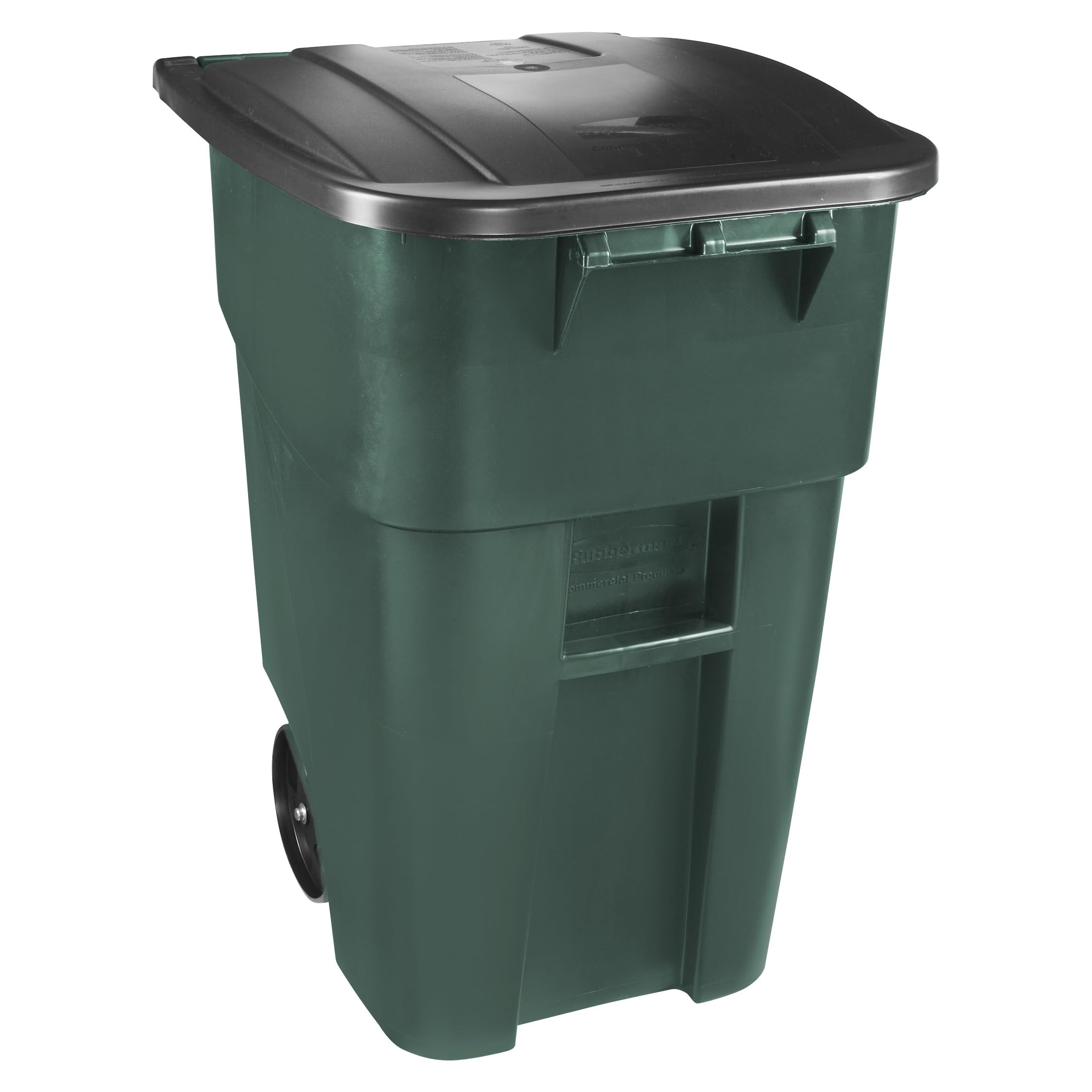 Rubbermaid Commercial Products BRUTE Rollout Heavy-Duty Wheeled Trash Garbage Can 50-Gallon Dark Green for Restaurants Hospitals Offices Warehouses