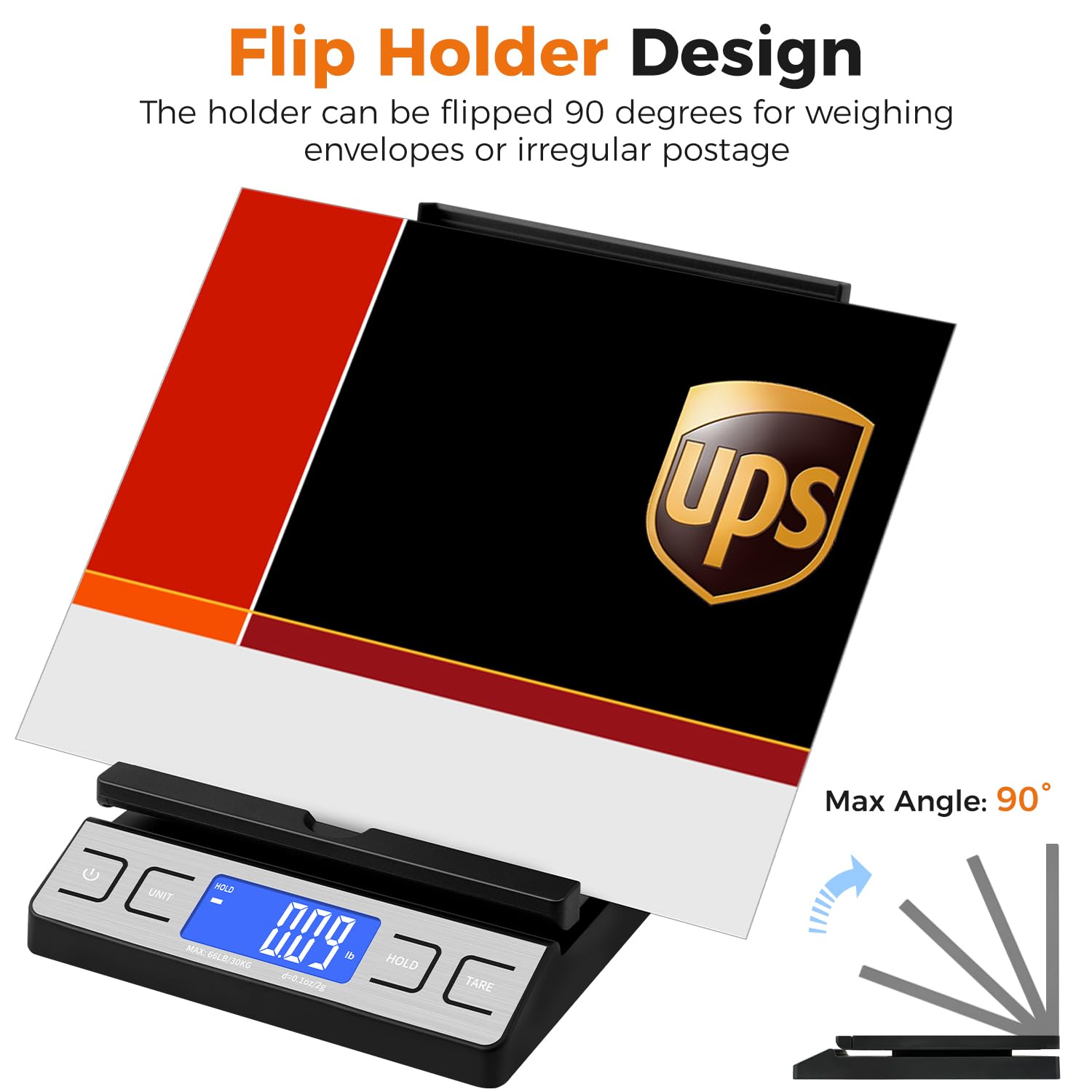 TIPRE Shipping Scale,High Accuracy 0.1oz,Digital Postal Scale,Mail Scale Featuring Envelope Flip Holder,Tare/Hold,Type-C/Battery,Shipping Scale for Packages Small Business Post Office,66lb- Black