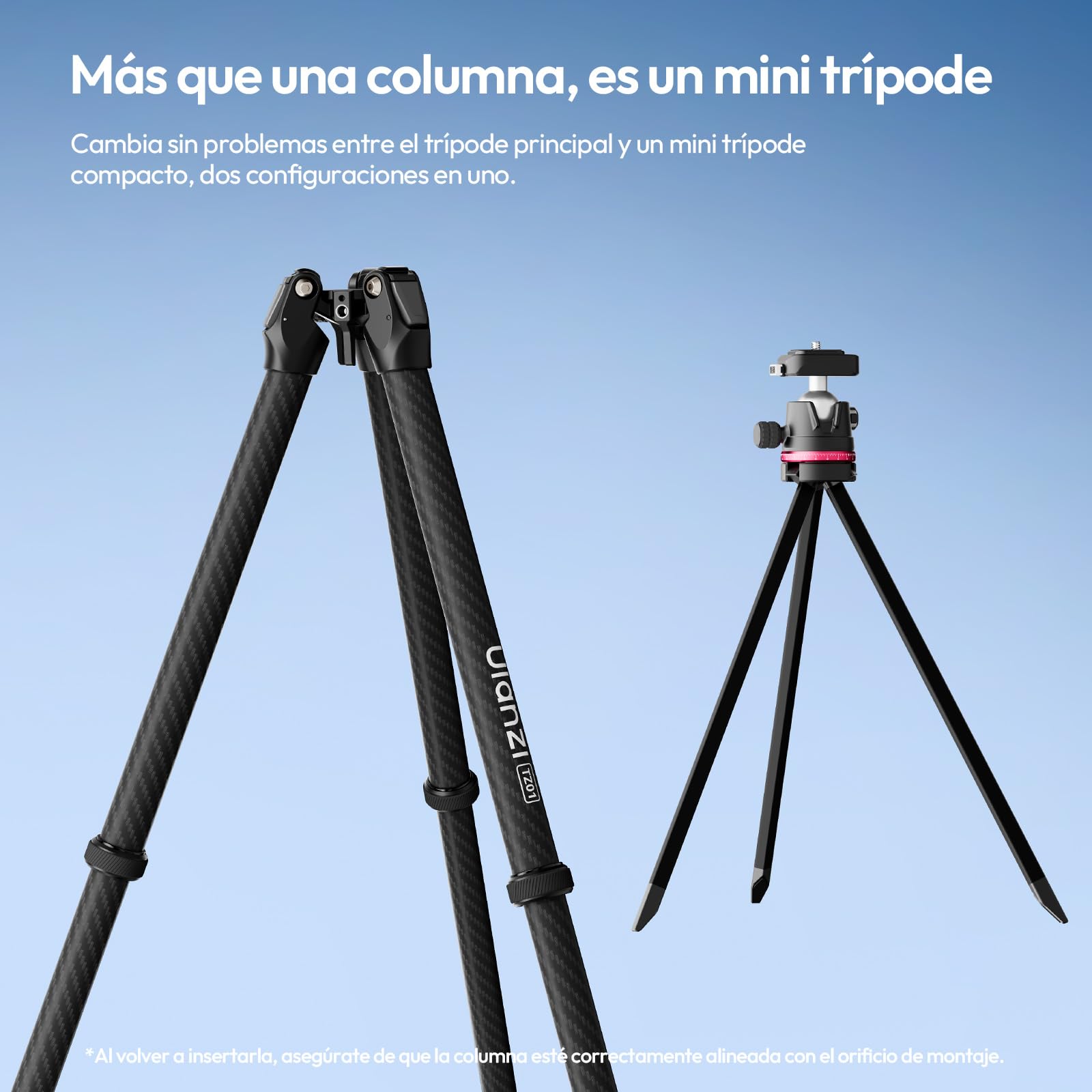 ULANZI TZ01 Trípode de Fibra de Carbono de 163cm, Trípode de Viaje 2 en 1 con Columna Central Desmontable, Soporte Ligero para Cámara y Móvil con Rótula de 360°, Sistema de Liberación Rápida Uka