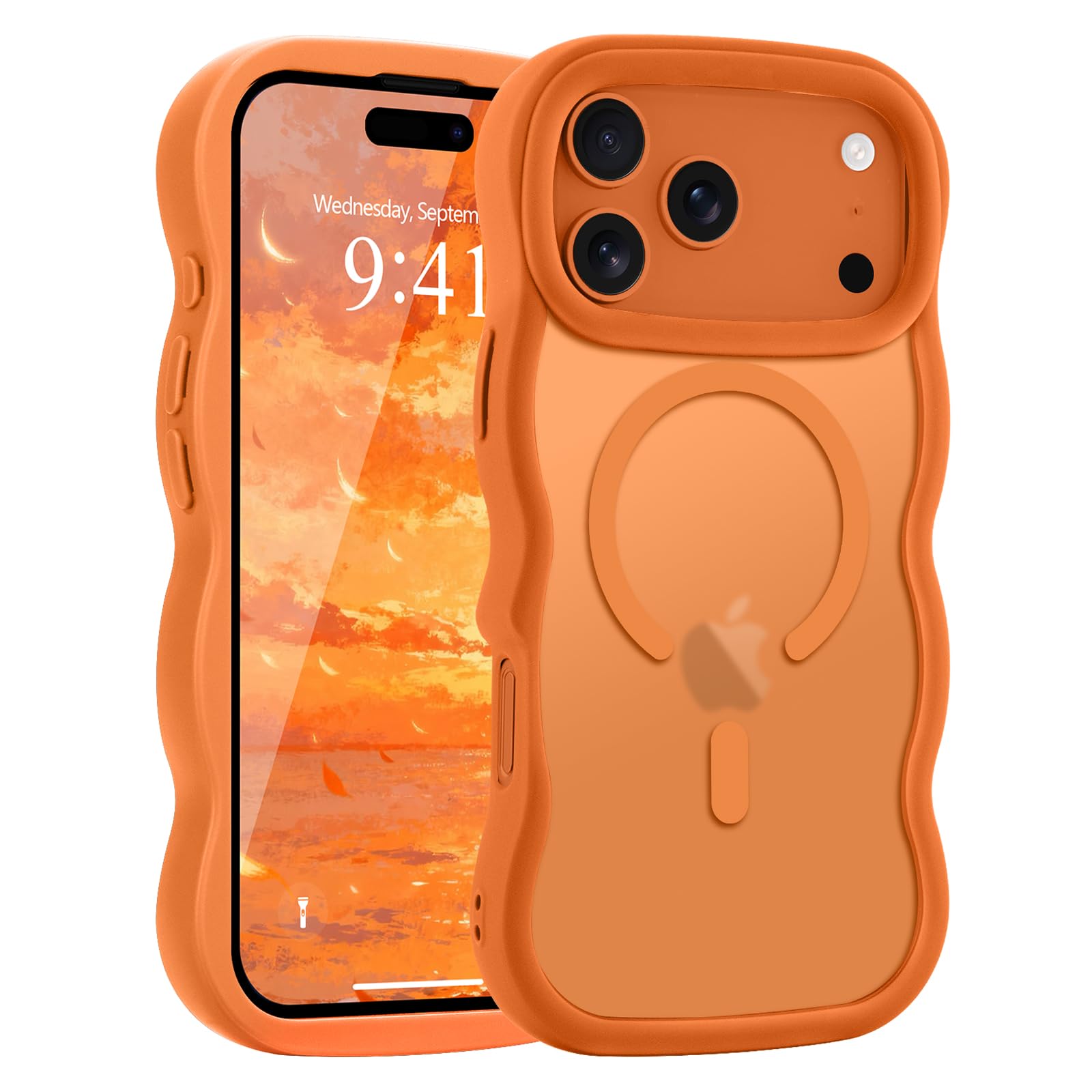 Pepmune iPhone 17 Pro 用 ケース MagSafe対応 ウェーブ 半透明 滑り止め おしゃれ 可愛い 韓国 耐衝撃 指紋防止 ワイヤレス充電 スマホケース ストラップホール付き(オレンジ)