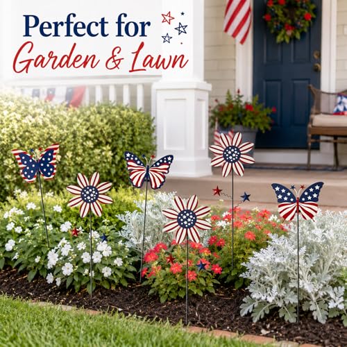 Image of 6Pack 4th of July Decorations Outdoor, 18.6Inch Patriotic Metal Flowers Butterfly Decorative Garden Stakes for Independence Day, Americana Patriotic Yard Signs Decor for Garden Lawn Porch