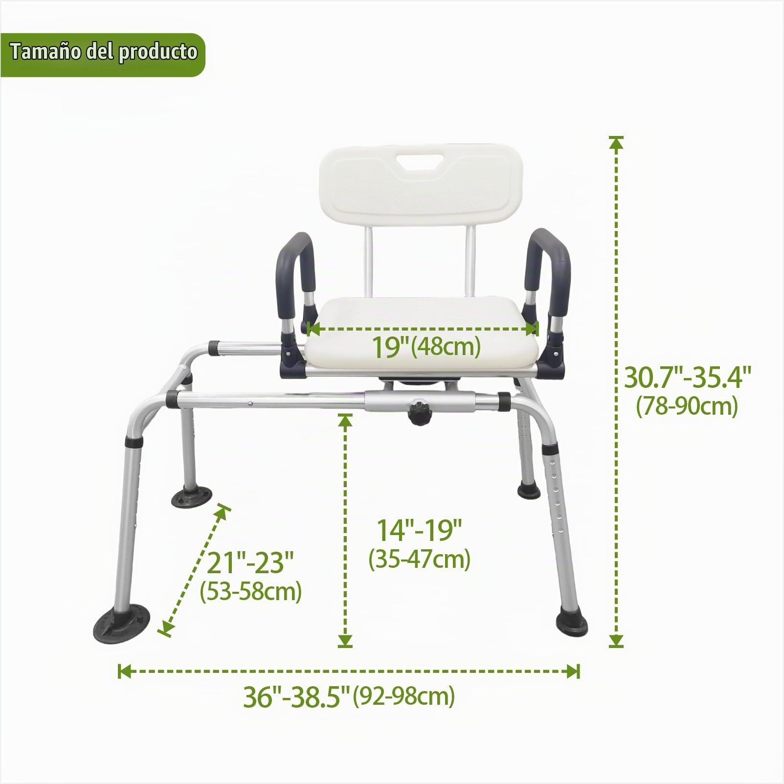 Silla de ducha deslizante con asiento giratorio, banco de transferencia de bañera para ancianos, discapacitados y discapacitados, asiento giratorio de 360°, altura ajustable de 14 a 19 pulgadas