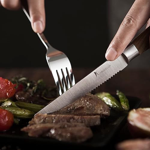 Miniatura 6 de kangdelun Natura Series - Juego de 8 cuchillos dentados para carne de 4.5 pulgadas, acero inoxidable de alto carbono, mango de madera