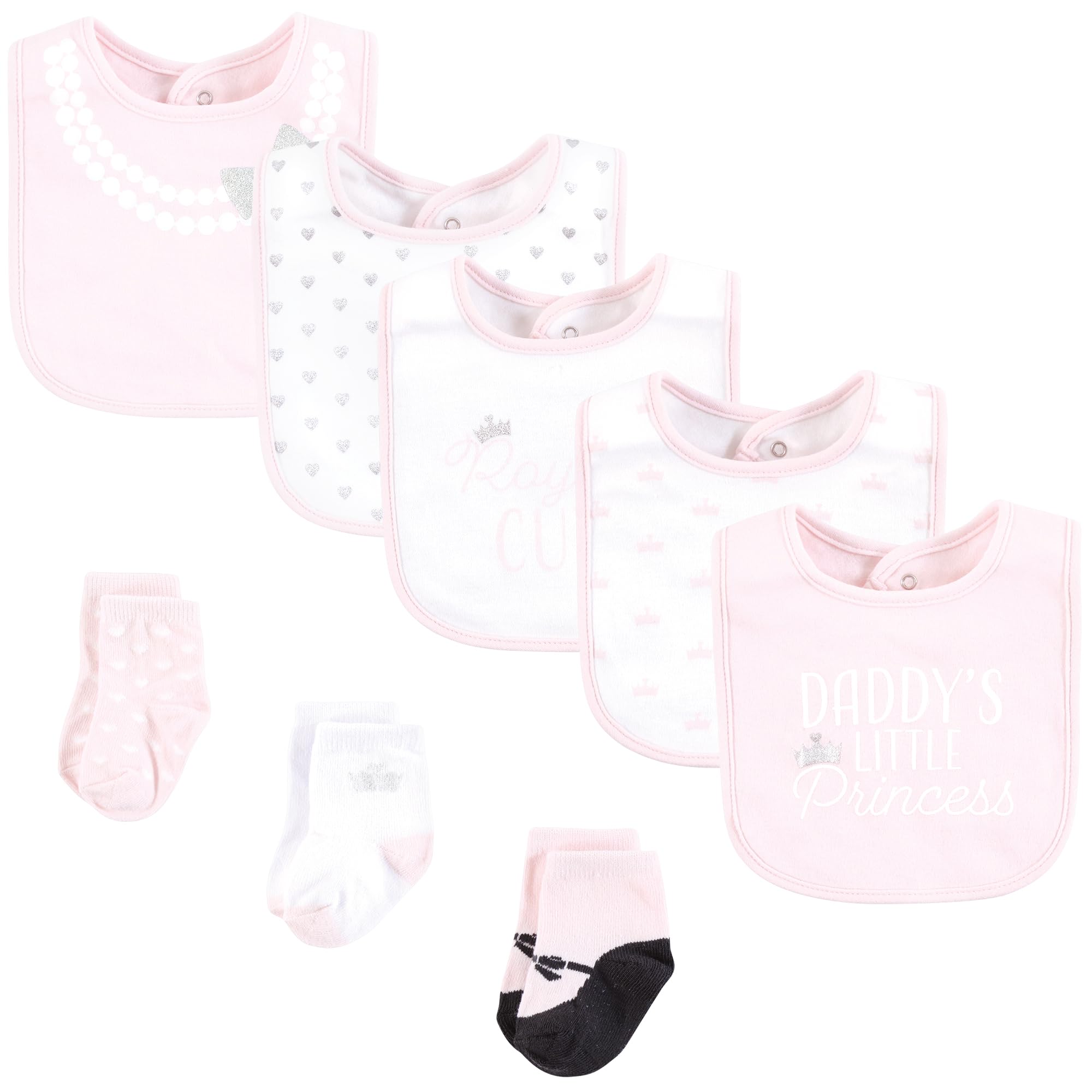 Hudson Baby Infant Girl Cotton Bib and Sock Set, Daddys Princess Crown, One Size