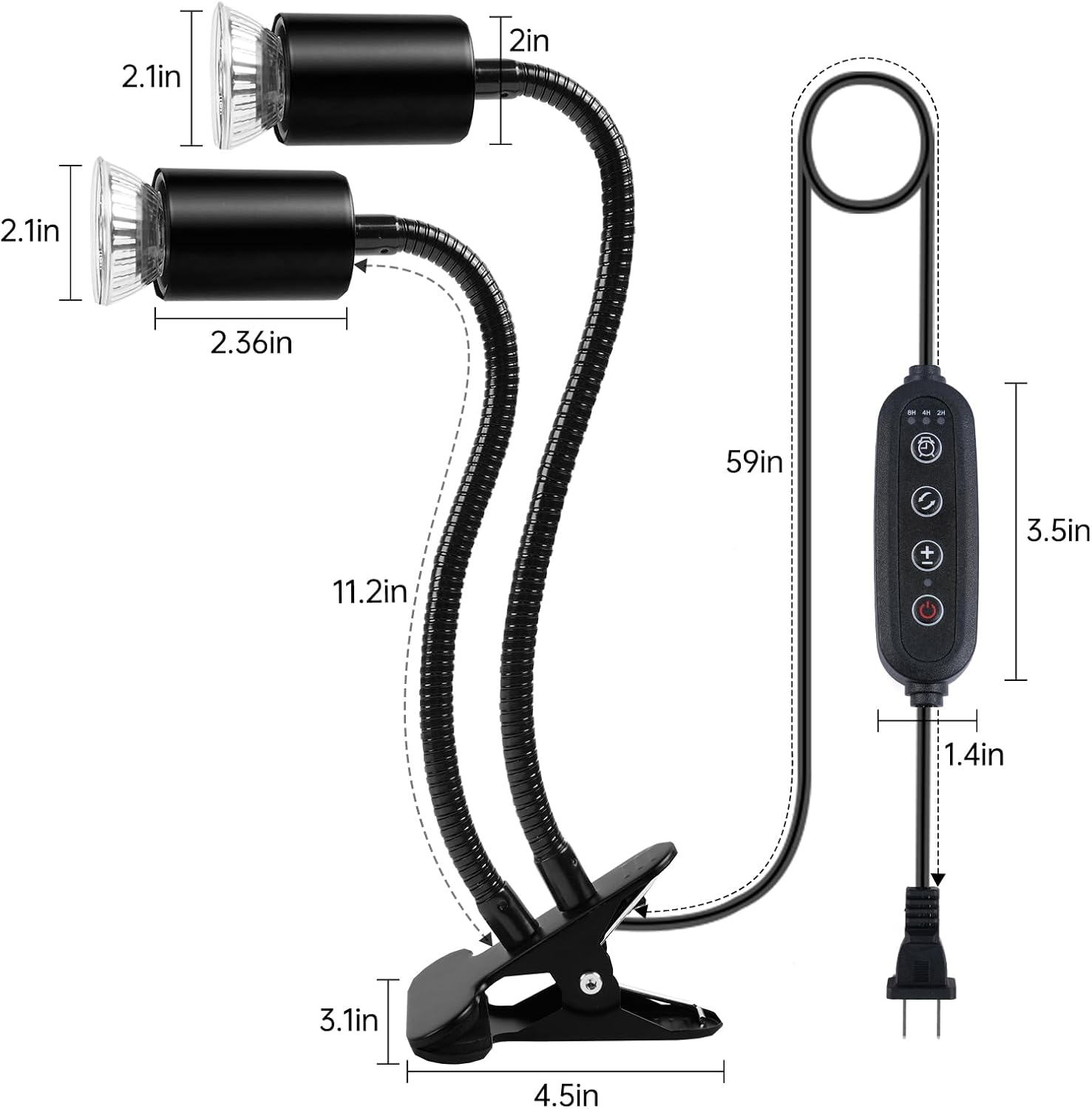 LUCKY HERP Reptile Heat Lamp, Dual Head UVA UVB Reptile Light with Cycle Timer, 360°Rotatable Dimmable Aquarium Turtle Tank Basking Light with 4 Bulbs (2PCS 25W and 2PCS 50W)