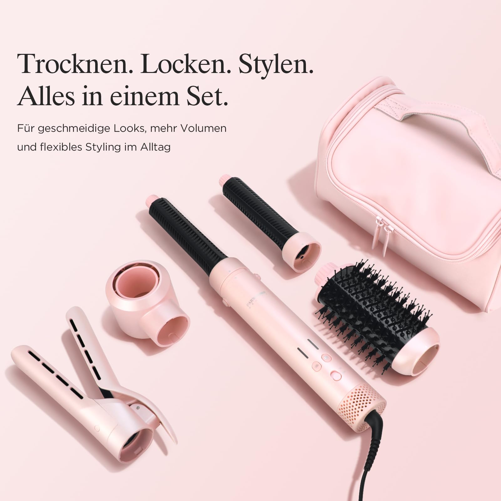 5 in 1 Airstyler, Airstraight＆ Auto-Wrap Lockenaufsätzen, PARWIN PRO BEAUTY MaxAIR 2.0 Multi Hairstyler, 110.000 RPM Föhn, Automatische Doppelspannung, zum Trocknen, Locken, Stylen, 1200W - Rosa