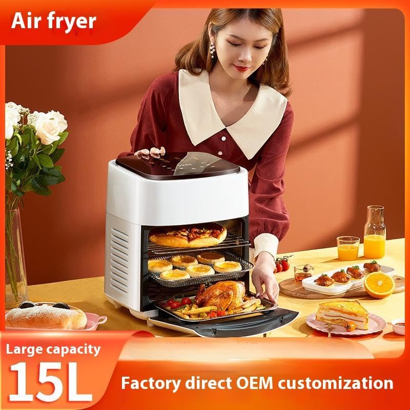 Generic Electric Air Fryer FD-1013B with food on multiple racks.