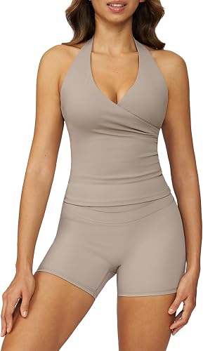 ABOCIW Workout Sets for Women 2 Piece Gym Set Wrap Halter Tank Top Tummy Control