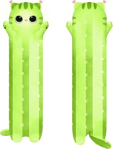 Almohada larga de felpa con forma de gato, 44 pulgadas, lindo gato de cactus, animales de peluche Kawaii, almohada grande y blanda para el cuerpo,