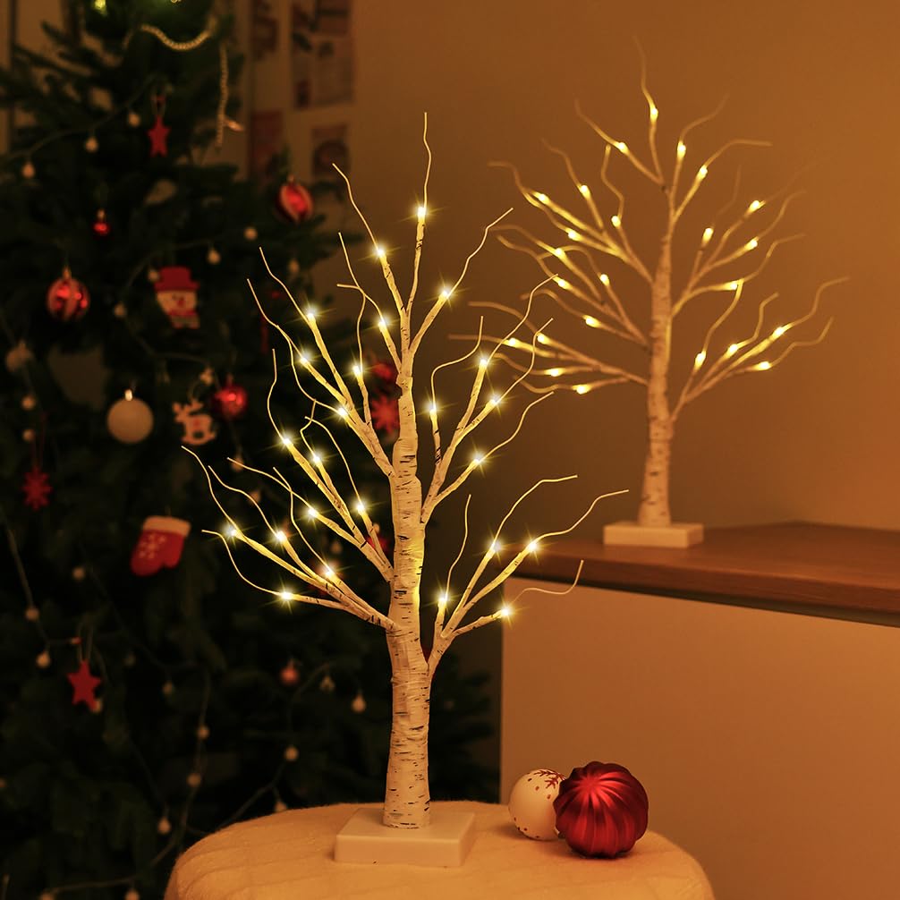 Kinamy 3er Set LED-Lichterbaum Mit 60 Warmweißen LEDs – 8 Modi, Fernbedienung, Dimmbar, Timer (6h/18h), 63 Cm, Biegbare Zweige, EU-Stecker (Weiß)