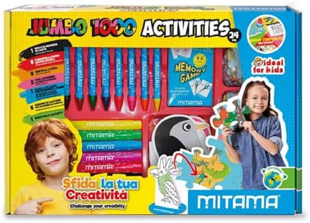 Mitama, JUMBO 1000 ACTIVITIES Game Boxes, Pack of 24, Washable Markers, Wax Crayons, Stickers, Coloring Books and Cards, Memory Games, Creative Games for Children, Learning Games