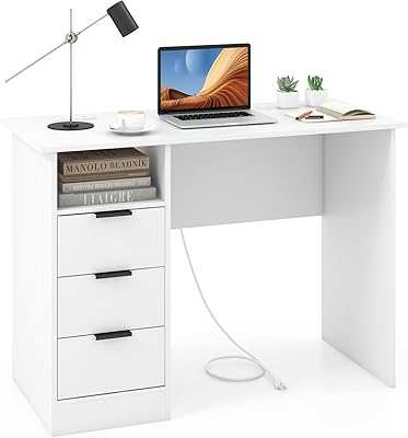 Tangkula White Desk with 3 Drawers & Charge Station, Home Office Desk with Open Shelf, Study Writing Desk, PC Desk Computer Workstation, Modern Computer Desk for Bedroom, Study