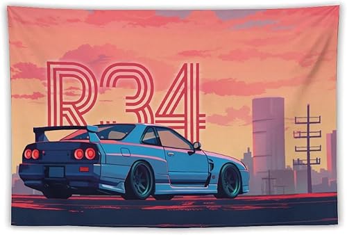 Miniatura 16 de QEOPGNE Tapiz grande para colgar en la pared, diseño de puente de puerta dorada, grandes olas, japonés, retro, Jdm, auto, R34, tapiz para