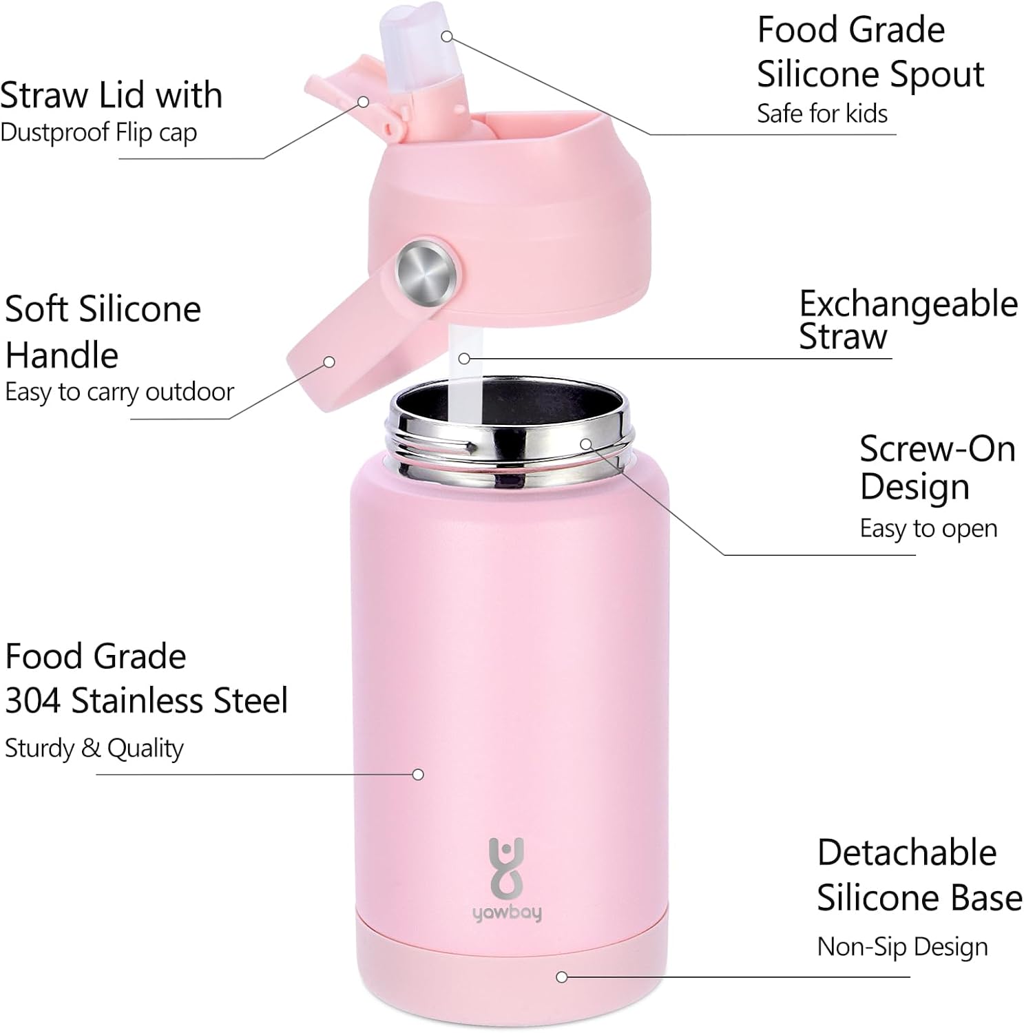 Kids Water Bottle for School 12 oz,Stainless Steel Insulated Water Bottles,Pink Water Bottles for Toddler Girls Boys with Straw Lids & Handle - Image 5
