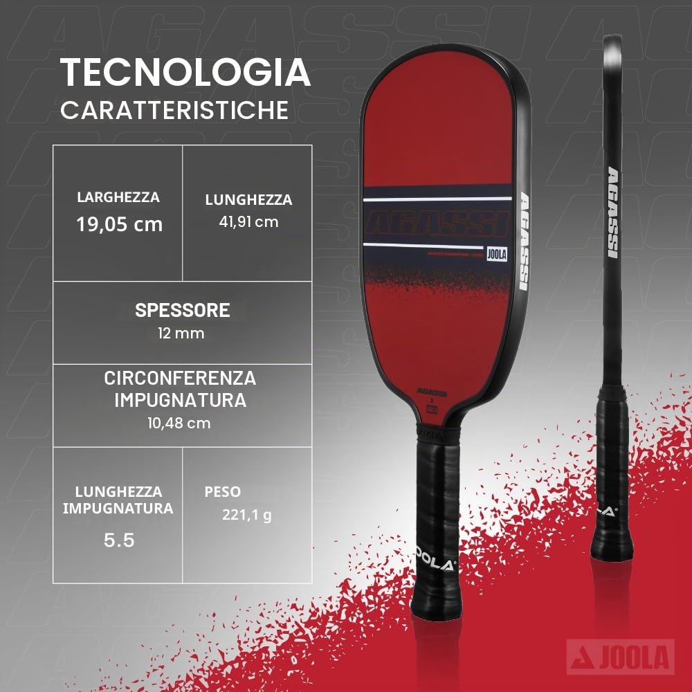 JOOLA Racchetta da Pickleball Agassi x Graf, con Superficie in Fibra di Vetro, Certificata USAP e UPA-A