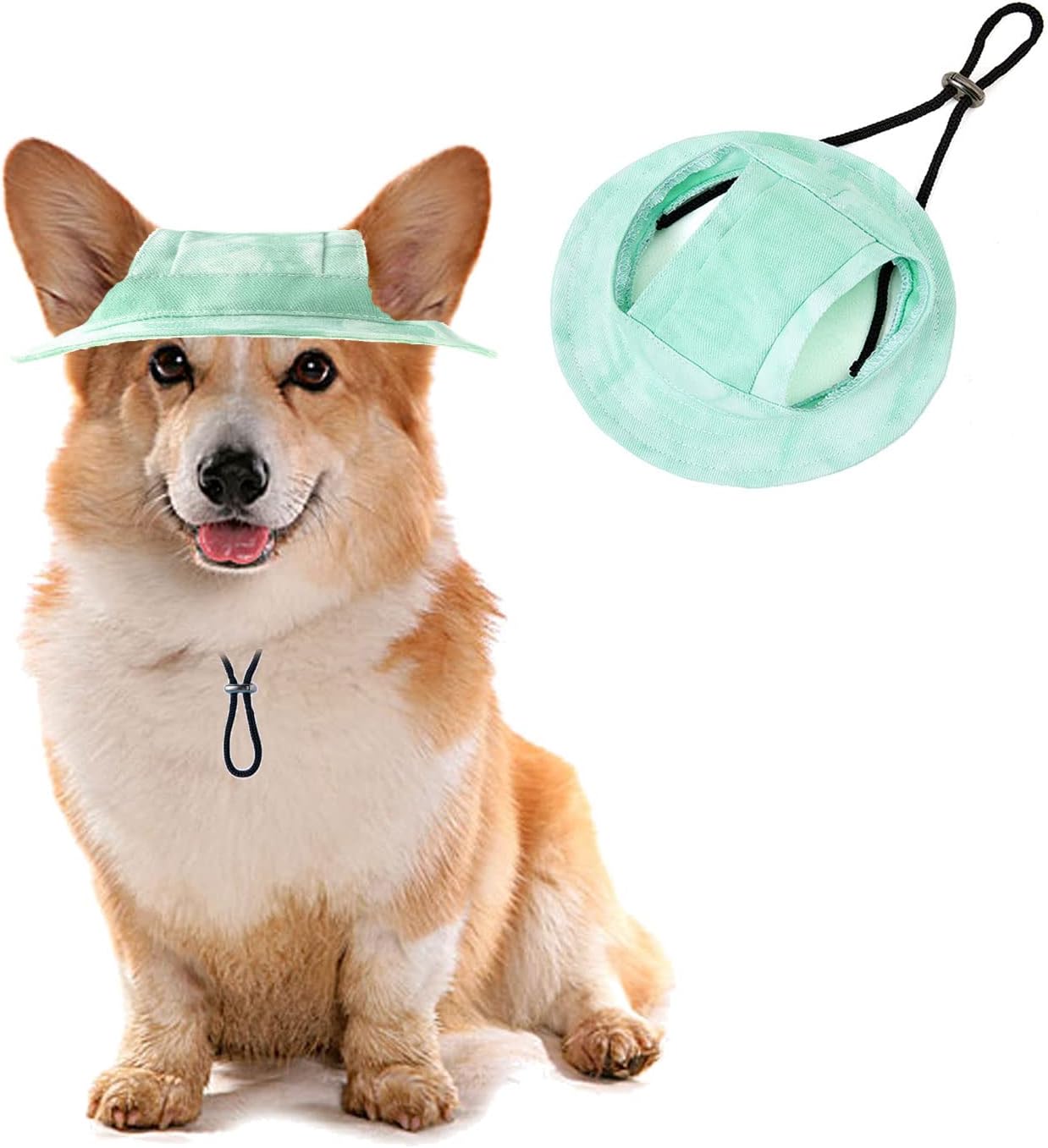 HDKUW Dog Bucket Hats, Dog Round Cap with Ear Hole, Adjustable Outdoor Travel Sun Protection Sport Hat for Cat Small Medium Dogs Green S