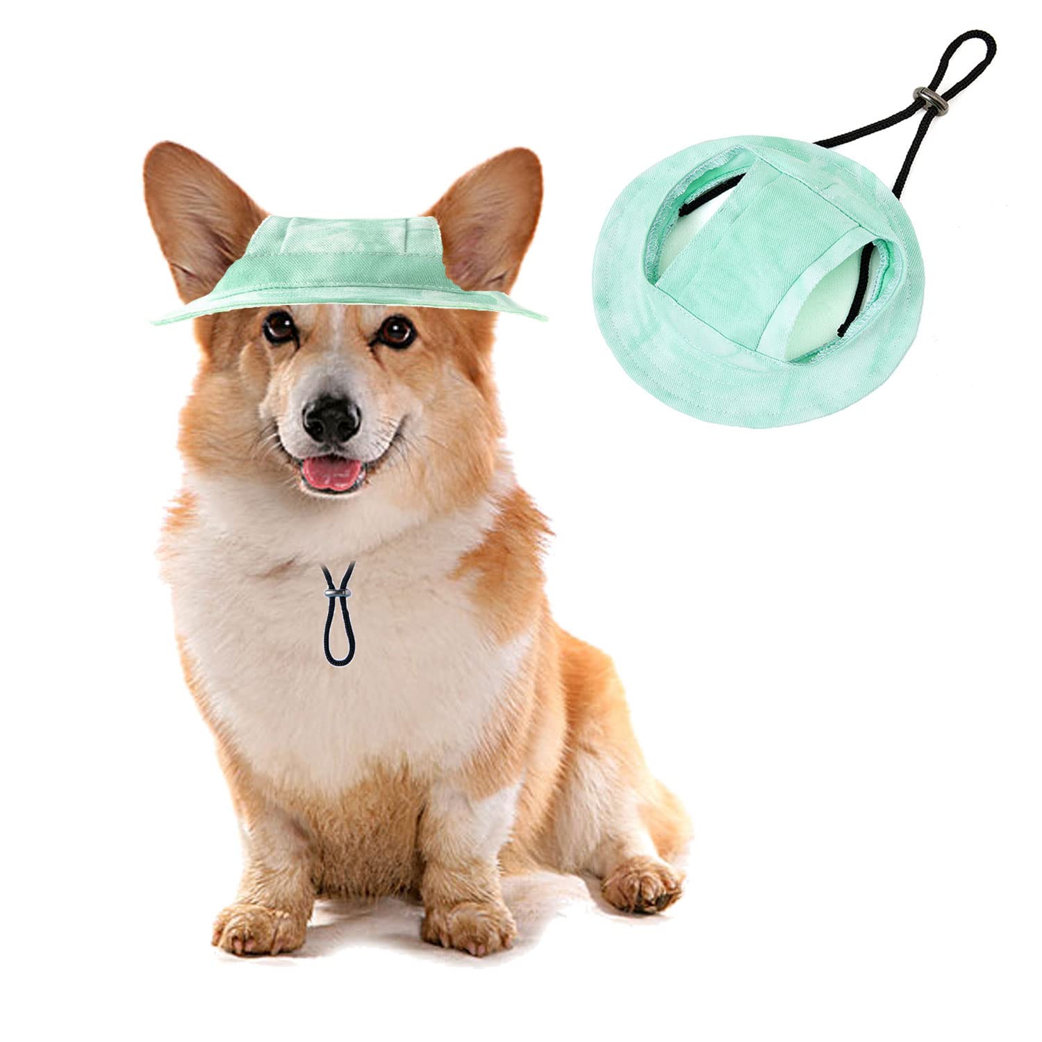 Pet Bucket Hats, Dog Round Cap With Ear Hole,Adjustable Outdoor Travel Sun Protection Sport Hat For Cat Small Medium Dogs_M(Green)