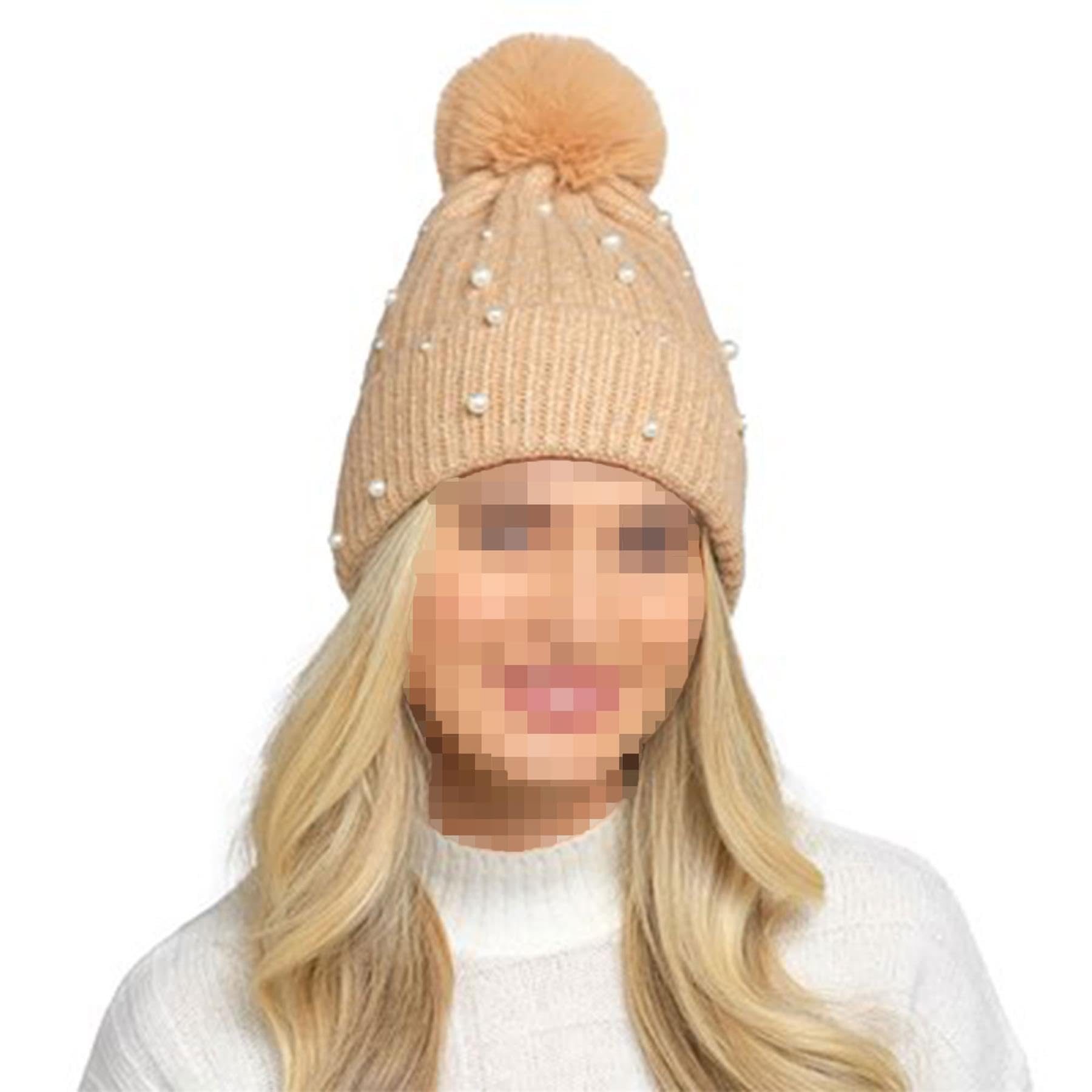 A2z Women's Beige Hats Ribbed Pearls Knitted Bobble Beanie Faux Fur Pom Pom - Hat Lh1194 One Size