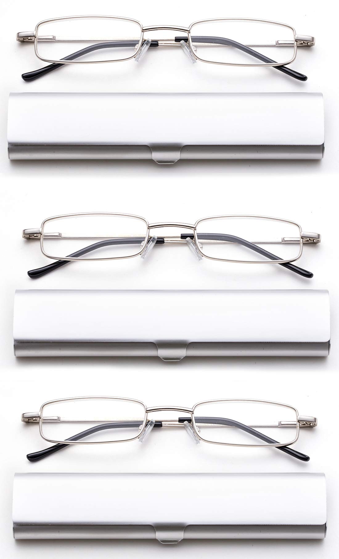 Newbee Fashion-Portable Compact Reading Glasses in Aluminum Case Metal Rectangle Shaped Reading Glasses with Spring Hinge in Case Lightweight Reader Slim Design Comfort fit in Silver 3 Pack+1.50