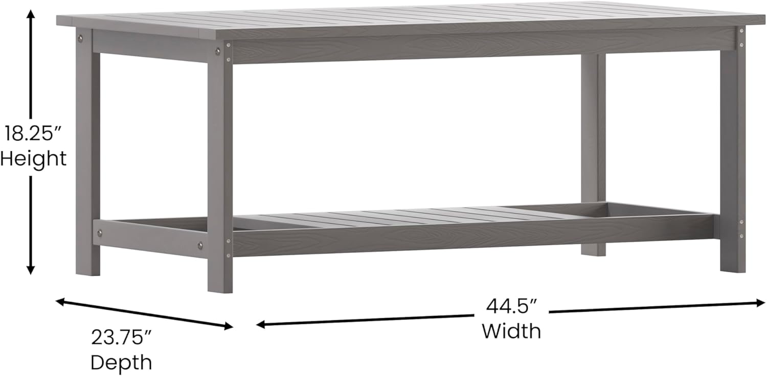 BizChair Two Tiered Commercial Grade Adirondack Coffee Table - Gray Finish Poly Resin Wood - All-Weather - Slatted Shelf Design