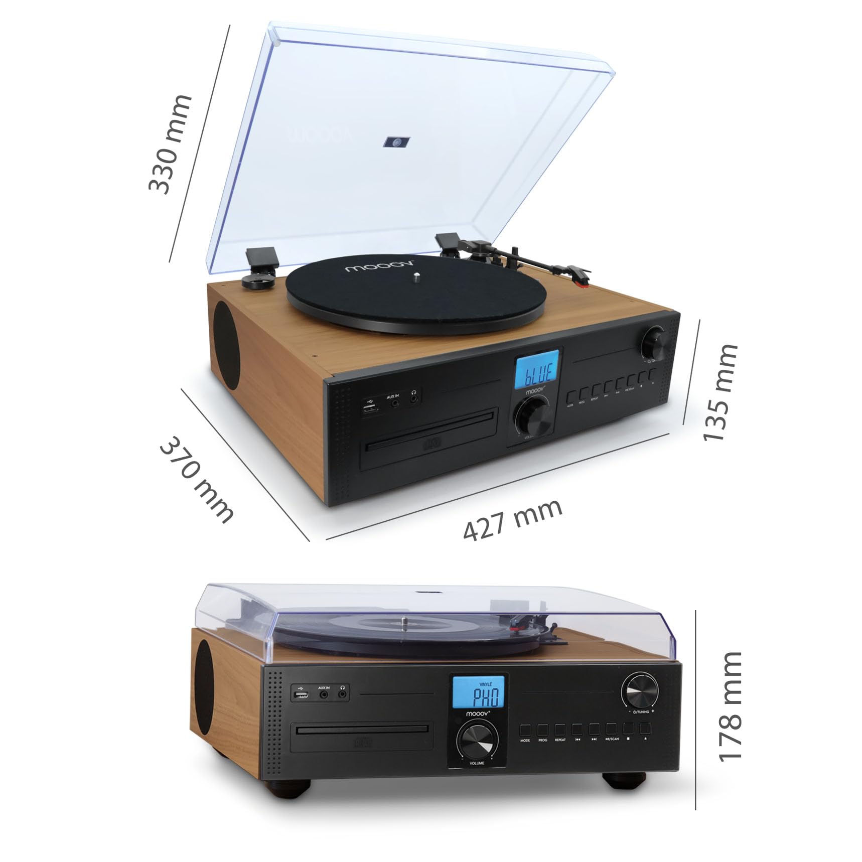 Mooov Micro-chaîne HiFi Radio CD Platine Vinyle 33 45 78 Tours Bluetooth