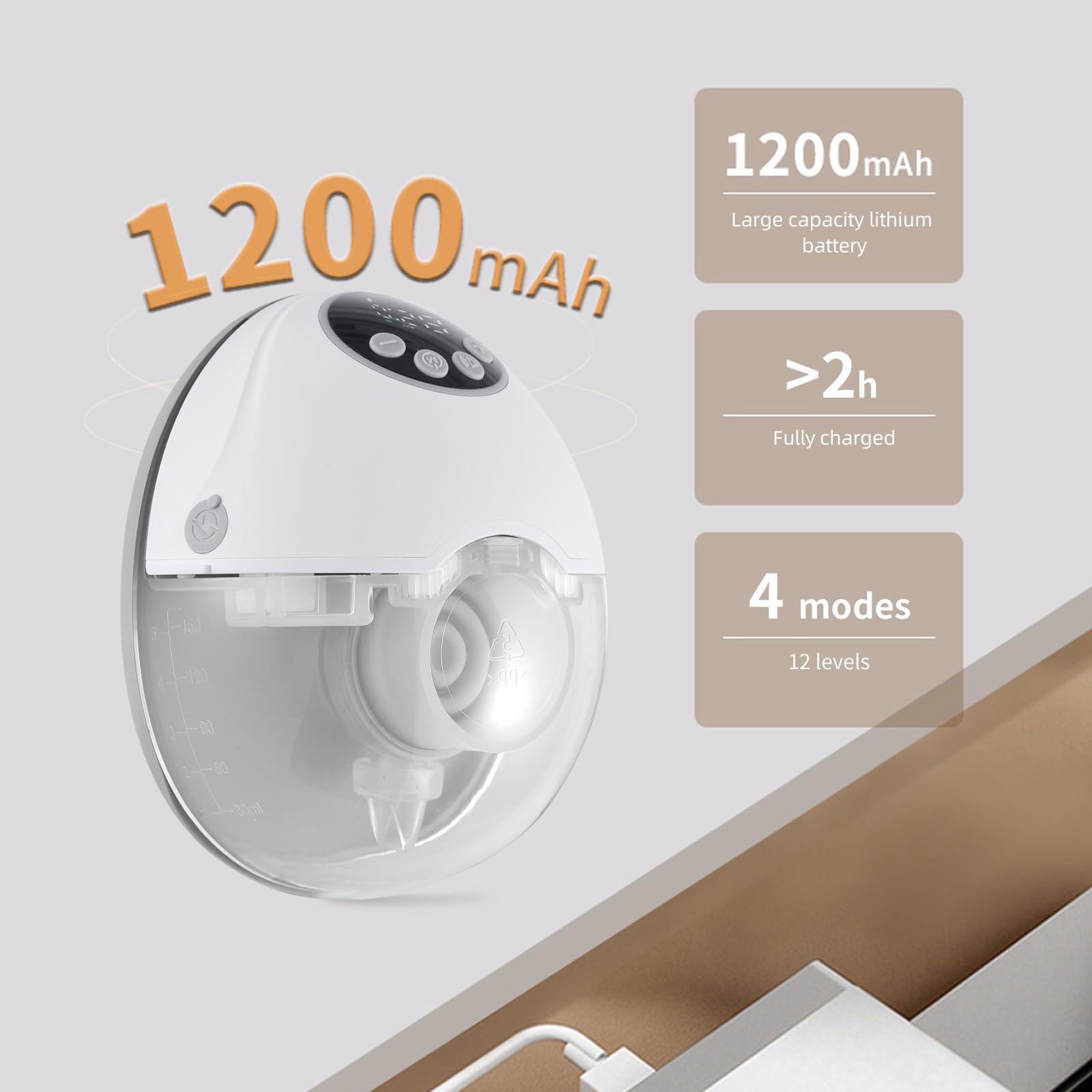 Luocute Tiralatte Indossabile, Tiralatte Elettrico a Mani Libere con 4 modalità 12 Livelli, Doppia Flangia Sigillata, Senza BPA, capacità 160 Ml, Batteria Integrata da 1200 MAh, per (Pompa singola)