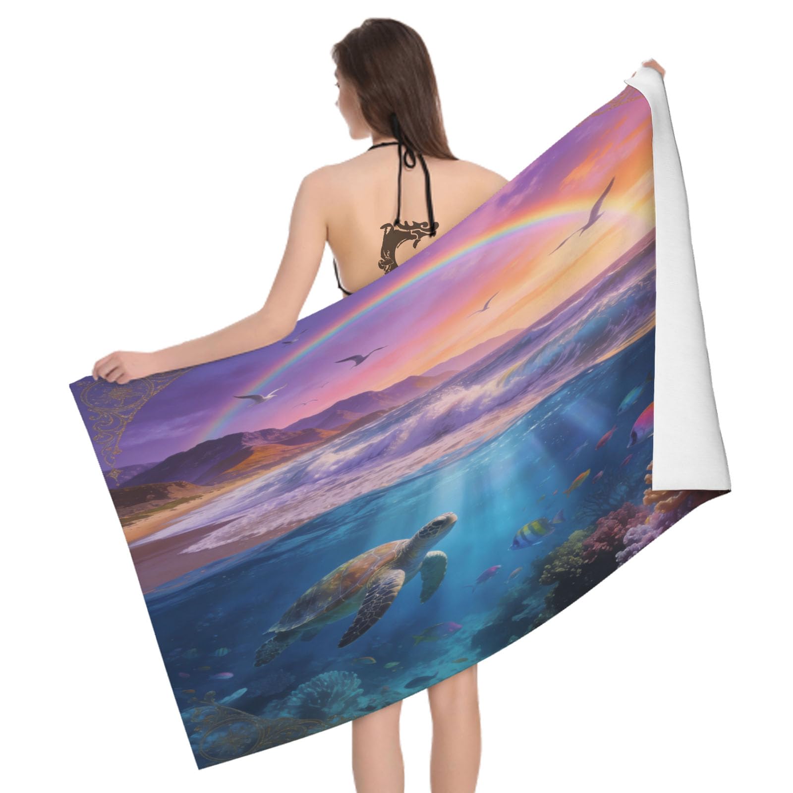 Leichong 3D Seaside Scenery Beach Towel Large Microfiber Soft Quick Dry for Adults, Sea Turtle Bath Towel Lightweight Soft Absorbent for Travel Swimming Pool Sports, 180 x 90 cm