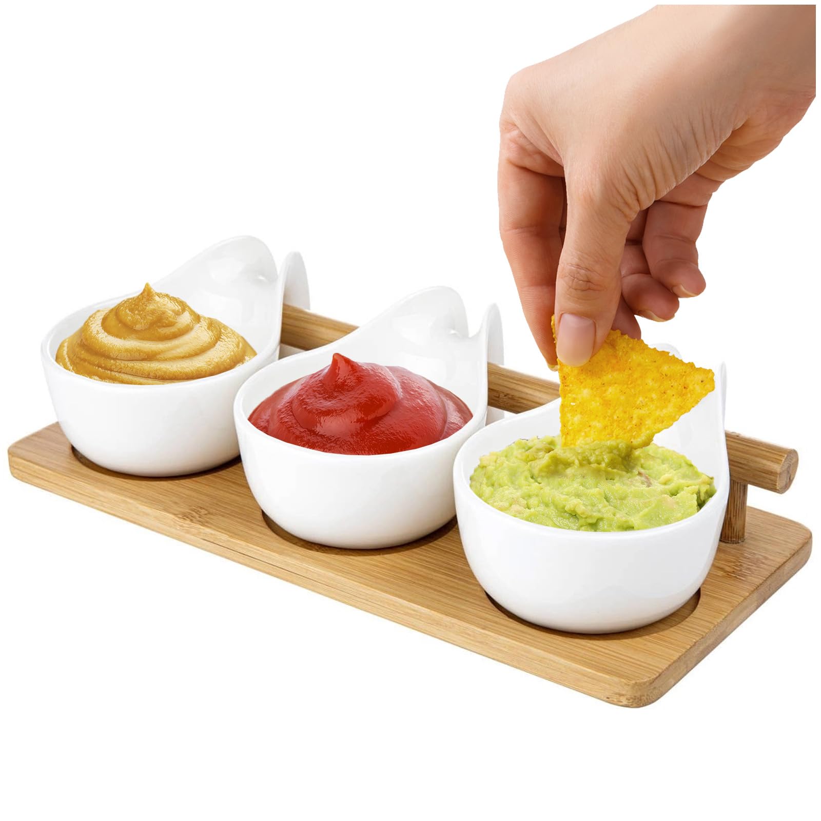 Juego De 3 Cuencos Para Salsas Con Tabla De Madera - Ideal Para Salsas, Mermeladas, Postres, 93x39x93 Mm