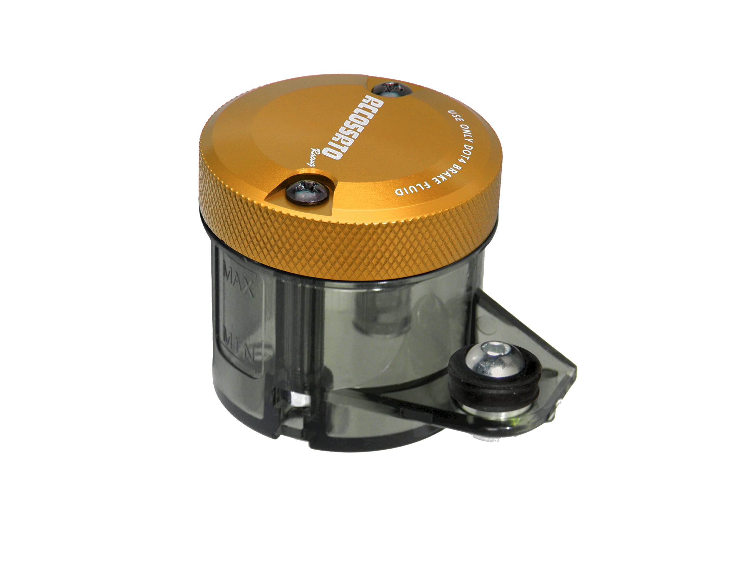 ACCOSSATO Kit di Montaggio vaschetta Olio Freni da 45 ml in plastica fumè con Tappo in Alluminio CNC ossidato Oro e Staffa specifica per Pompe