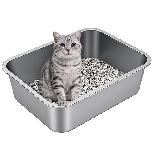 Stainless Steel Litter Box with High Sided, Metal Cat Litter