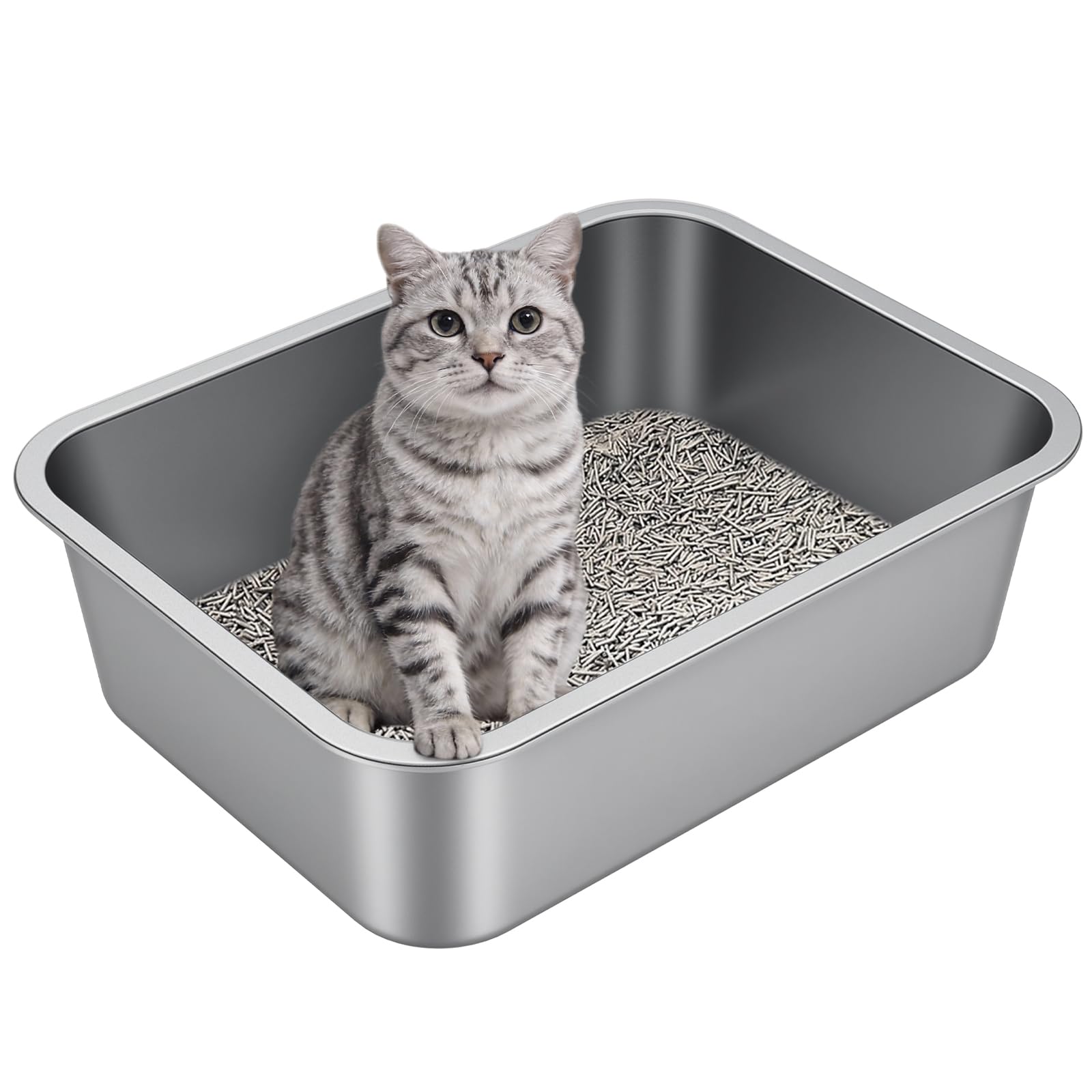 Stainless Steel Litter Box with High Sided, Metal Cat Litter Box, Odor-Free, Non-Stick Litterbox Pan, Easy to Clean Pet Supplies Toilet Tray for Indoor Cats, Kittens or Multicat Homes