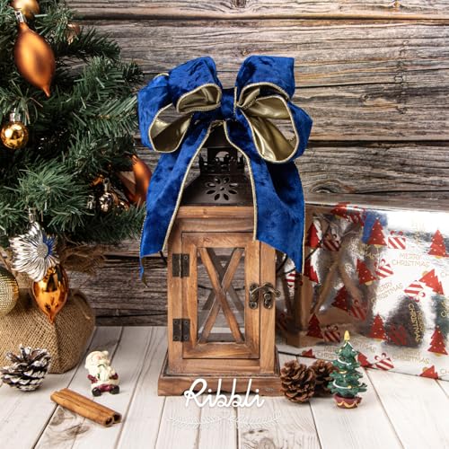 Image of Ribbli Royal Blue Velvet Wired Ribbon 4 Inch Metallic Blue Gold Crushed Velvet Christmas Ribbon for Gift Wrapping Christmas Tree Decoration Crafts Wreaths Supplies-Continuous 10 Yards