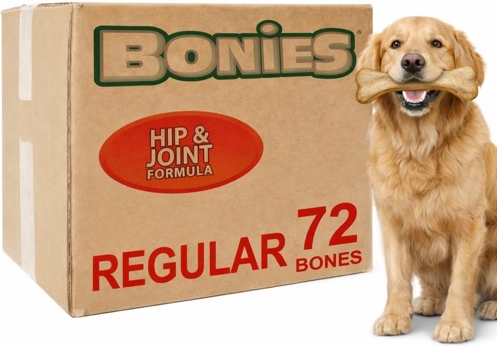 Bonies Natural Hip & Joint Formula Large-Sized Single Bone, Glucosamine & Omega Fatty Acids, Fresh Breath, Clean Teeth, Low Calories, Chicken Flavor, [Large Dogs], 72 Bones