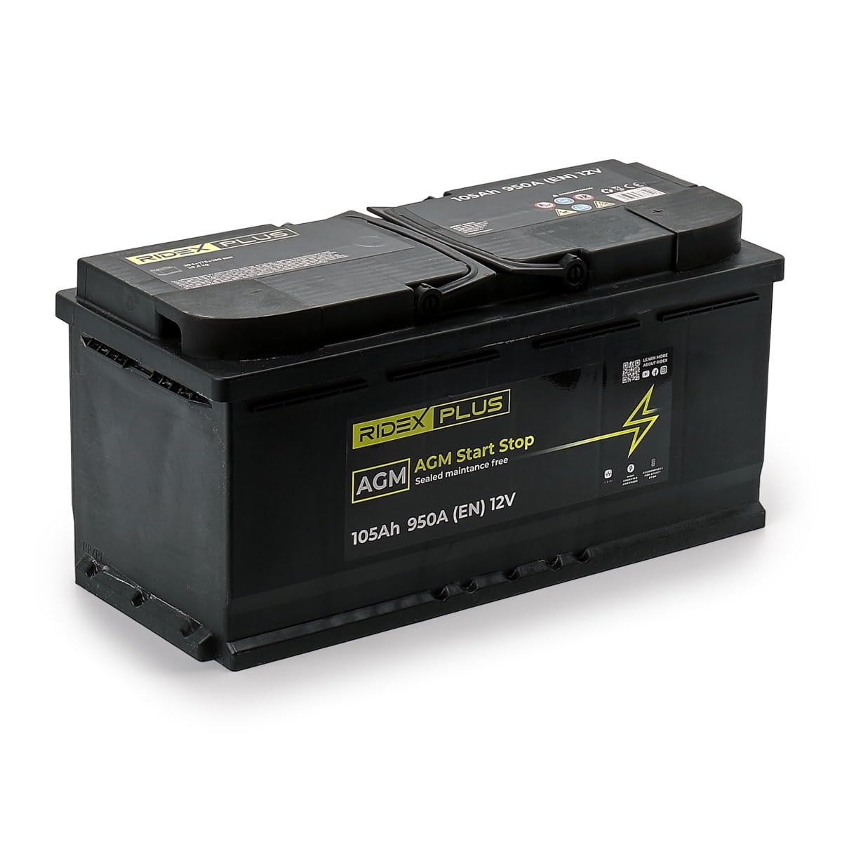RIDEX PLUS 1S0053P AGM Start-Stop Batería Coche 105Ah 950A 12V B13 DIN/ISO L6 Baterías de Arranque de 100Ah 95Ah Compatible con BMW 5 Touring F11 5 Sedán F10, AUDI A4 B8 Avant 8K5 A6 C7 Avant 4G5, 4GD