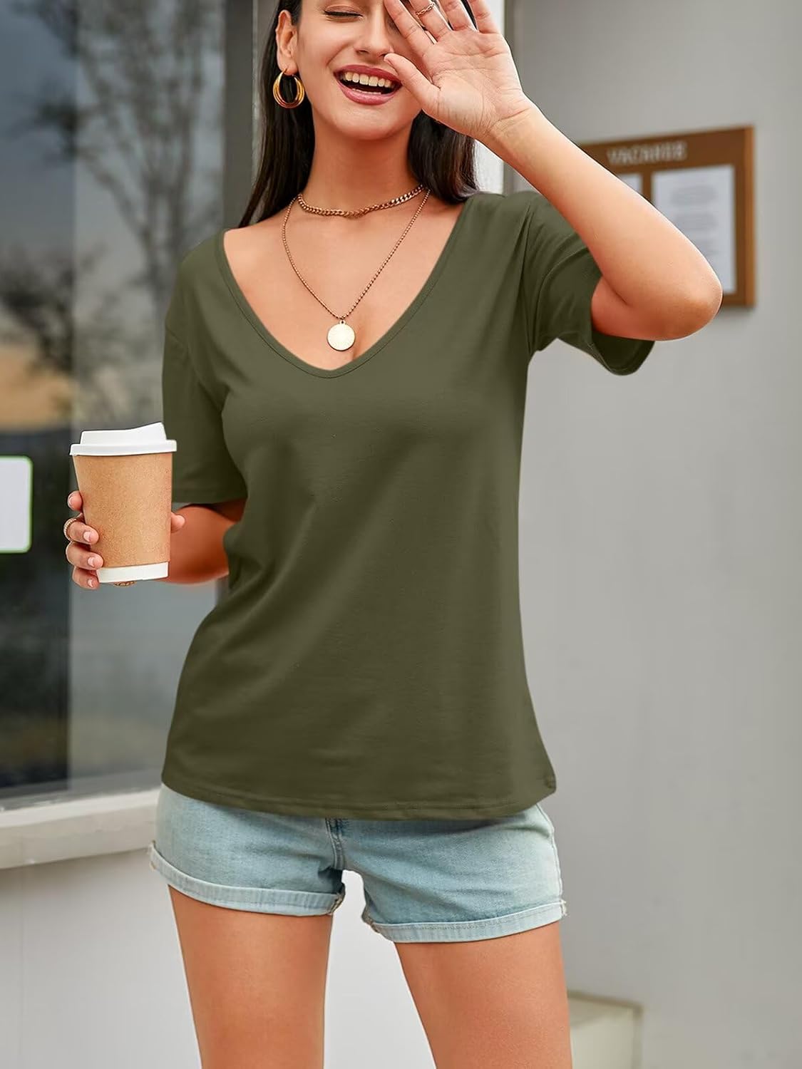 Womens Deep V Neck T Shirts Casual Short Sleeve Loose Fit Basic Fashion Tee Tops - Image 6